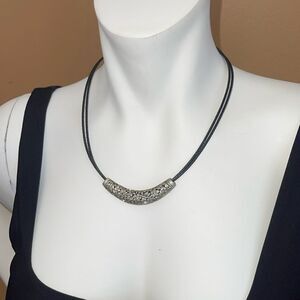 Lia Sophia Necklace Etched Floral Pendant Rhinestones Black Cord Costume Jewelry